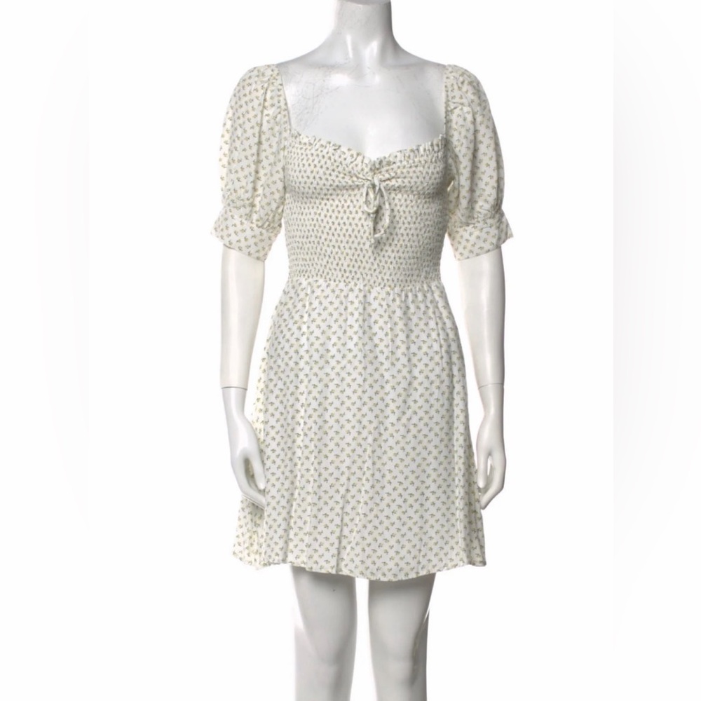 Faithful the Brand Smocked Floral Tie-Front Mini Dress in Cream